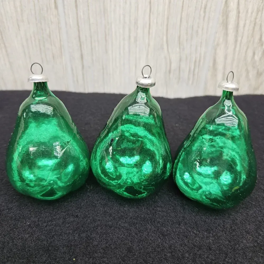 Vintage Green Blown Glass Pear‎ Christmas Ornaments Lot Set of 3 Holiday Decor